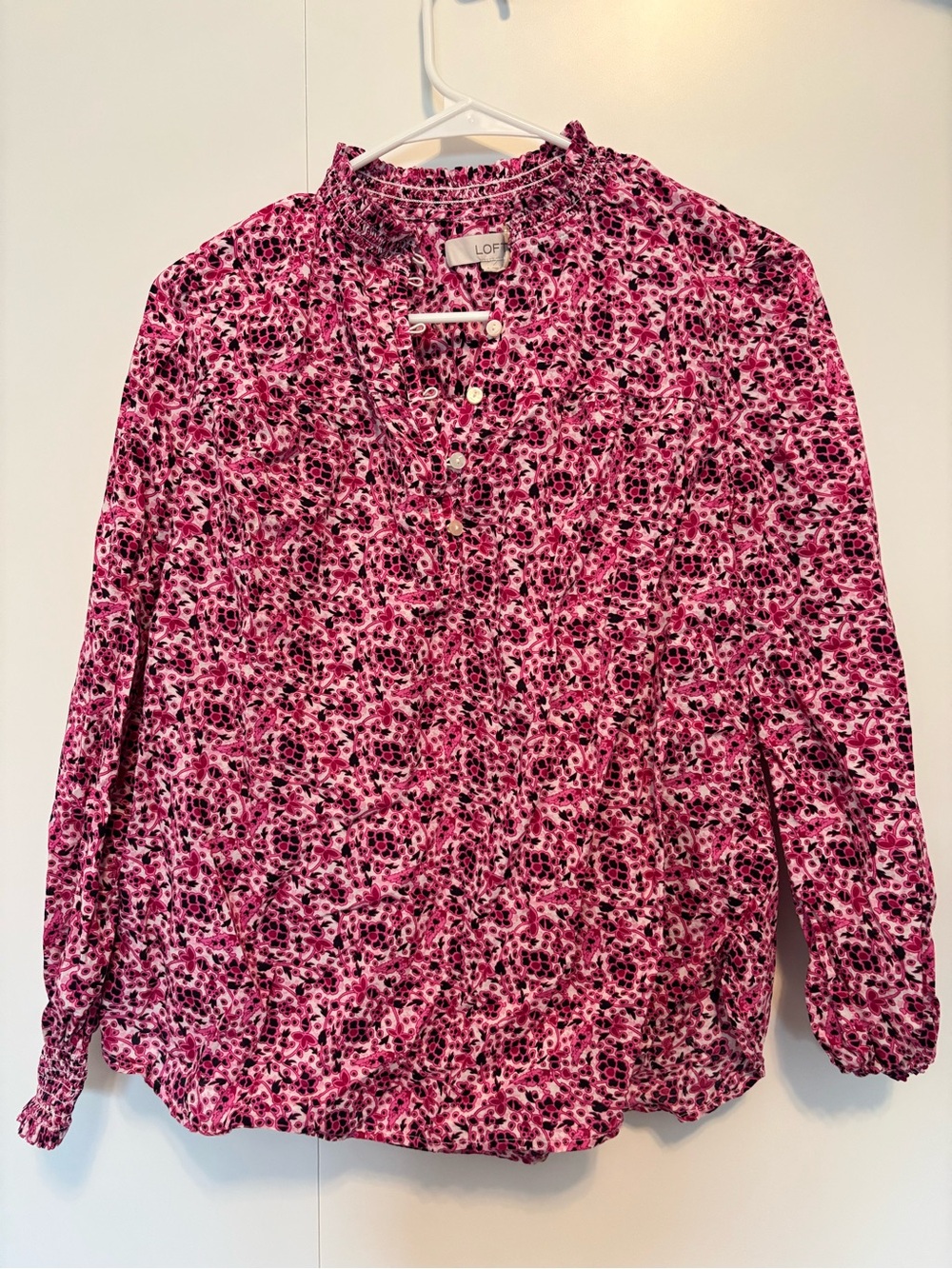 LOFT Pink and Black Floral Henley Blouse